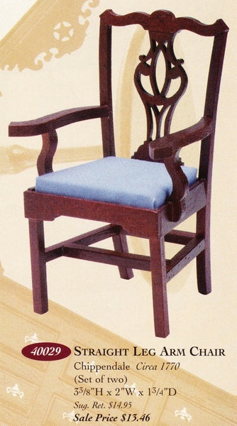House of Miniatures Furniture Kit #40029 X-Acto Chippendale Straight Leg Arm Chair (2) XActo Dollhouse Mini Miniature Miniture 40029