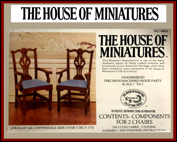 House of Miniatures Furniture Kit #40029 X-Acto Chippendale Straight Leg Arm Chair (2) XActo Dollhouse Mini Miniature Miniture 40029