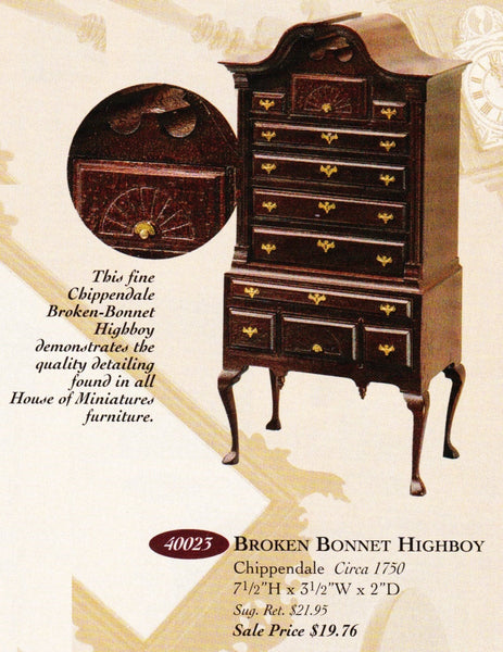 House of Miniatures Furniture Kit #40023 X-Acto Chippendale Broken-Bonnet Highboy Dollhouse Mini
